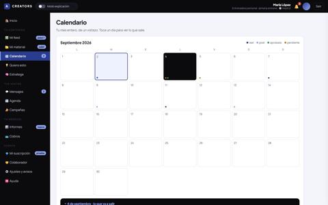 Panel: calendario del mes (cuenta de ejemplo)